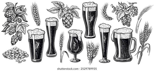 A detailed vector sketch of beer glasses with hops and wheat ears in a vintage style. The black and white beer set. 