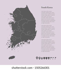 Detailed vector South Korea country and administrative provinces map isolated on background. Template state, region, area, province, territory for your report, infographic, backdrop, business concept