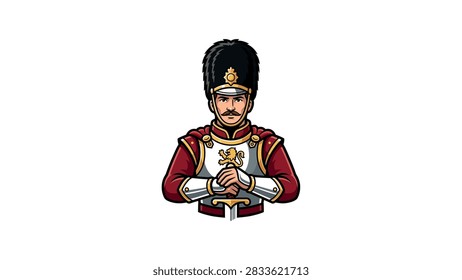 A detailed vector style drawing of a British Guardsman holding a sword with a stoic expression, wearing a red coat and iconic fur hat.