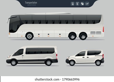 Plantilla de vectores detallada de Coach Bus, Van y Coche Comercial. Autobús de autocar realista aislado, camioneta y coche comercial con fondo gris. Burla por el transporte de pasajeros.