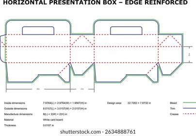 Detailed vector template of a horizontal presentation box with edge reinforcement for packaging