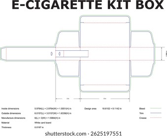 Detailed vector template illustration of an e-cigarette kit box with measurements and dimensions for packaging.