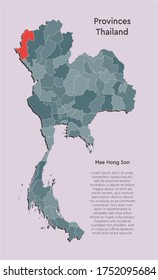 Detailed vector Thailand country border map isolated on background. Mae Hong Son province template travel trip pattern, report, infographic, backdrop. Asia nation business silhouette sign concept.