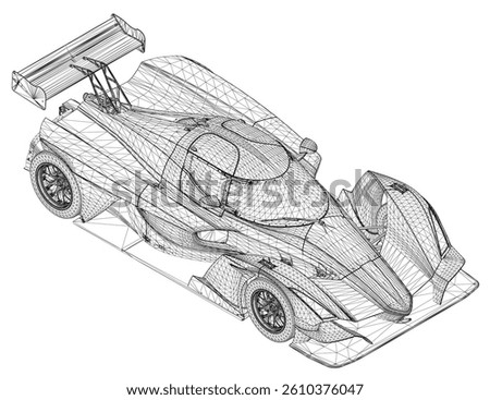 A detailed vector wireframe illustration of a high-performance race car, showcasing its aerodynamic design with intricate structural lines and advanced engineering features.