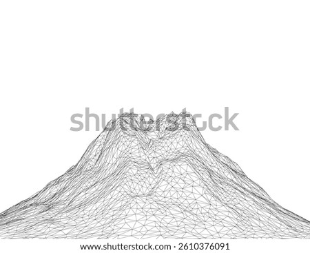A detailed vector wireframe illustration of a majestic volcano, showcasing its rugged terrain and intricate geometric lines that highlight its natural contours and peak.