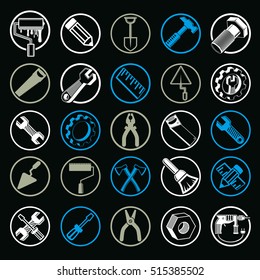 Detailed vector work tools collection, 3d repair instruments, can be used in graphic and web design. Construction and industrial icons isolated.