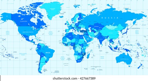 Detailed vector World map of blue colors. Names, town marks and national borders are in separate layers.