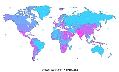 Detailed vector World map of blue, pink, violet colors. Names, town marks and national borders are in separate layers.