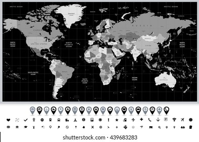 Detailed vector World map in colors of gray and navigation icons. Names, town marks and national borders are in separate layers.