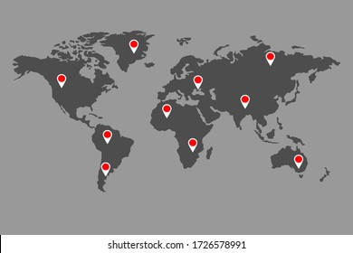 Detailed vector World map of gray colors. Names, town marks and national borders are in separate layers.