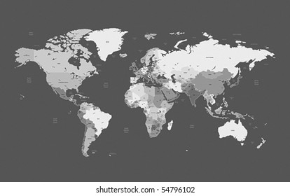 Detailed vector World map of gray colors. Names, town marks and national borders are in separate layers.