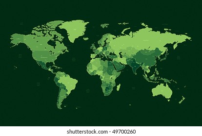Detailed vector World map of green colors. Names, town marks and national borders are in separate layers.