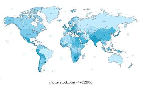 Detailed vector World map of light blue colors. Names, town marks and national borders are in separate layers.
