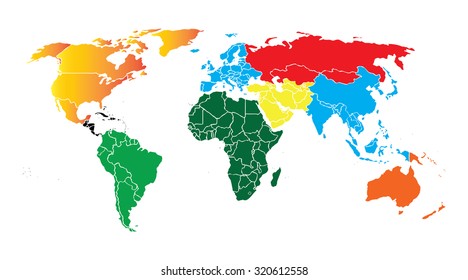 Detailed vector World map of rainbow colors. Names, town marks and national borders are in separate layers.