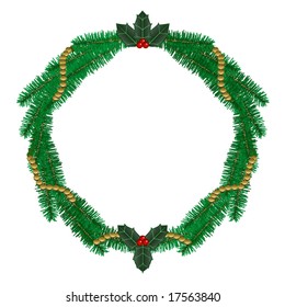 Detailed vector wreath of pine boughs with holly and gold beads