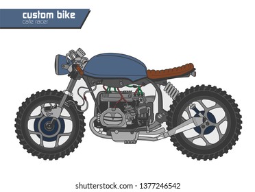 Detailed vectorial illustration of a custom motorcycle, with simple colors, thick dark outlines and no shading