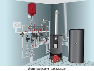 Detailed vectorial image of a boiler room with a heating and hot water supply system of building. 