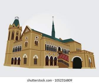 Detailed Vector/Illustration of Frere hall , Karachi , Pakistan in White Background.