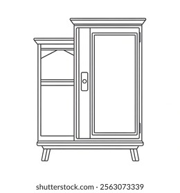 A detailed vector-style illustration of a cupboard with open doors coloring page 