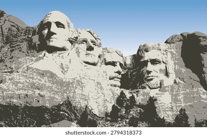 Detailed vector-style illustration of the Mount Rushmore National Memorial located in the Black Hills of South Dakota, featuring the iconic sculpted faces of four prominent United States presidents carved into a granite mountain. The artwork highlights the monumental depiction of George Washington, Thomas Jefferson, Theodore Roosevelt, and Abraham Lincoln, symbolizing leadership, democracy, and national heritage.

This composition represents one of the most recognized national landmarks in the United States, originally conceptualized and carved under the direction of sculptor Gutzon Borglum beginning in 1927. The illustration captures the grandeur and historical significance of the monument, emphasizing its massive scale and artistic detail. Each presidential face is represented with precision, reflecting the approximate 60-foot height of the original granite carvings embedded into the mountain surface.

The design is ideal for educational content, historical presentations, tourism marketing, cultural exhibitions, museum materials, civic awareness campaigns, and patriotic-themed creative projects. Its clean vector format ensures excellent scalability for both print and digital applications, making it suitable for posters, brochures, banners, website graphics, social media content, editorial layouts, presentation slides, and informational publications.

This artwork visually communicates themes of leadership, unity, democracy, American history, national pride, and cultural heritage. It is widely applicable in academic resources, travel guides, historical documentation, commemorative projects, and promotional campaigns highlighting U.S. landmarks. The balanced composition and detailed rendering allow seamless integration into professional design workflows.

The illustration also serves as a valuable visual asset for tourism branding, educational storytelling, museum displays, documentary materials, and patriotic marketing initiatives.