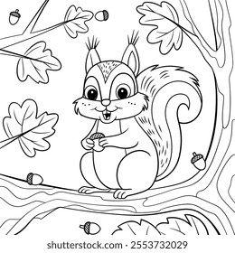 A detailed vector-style illustration of a squirrel sitting on a tree branch coloring page line art 