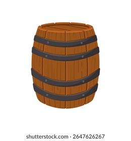 Uma ilustração em estilo vetorial detalhada de um barril de madeira tradicional com aros de metal preto, perfeito para designs com tema vintage, jogos ou materiais educativos.