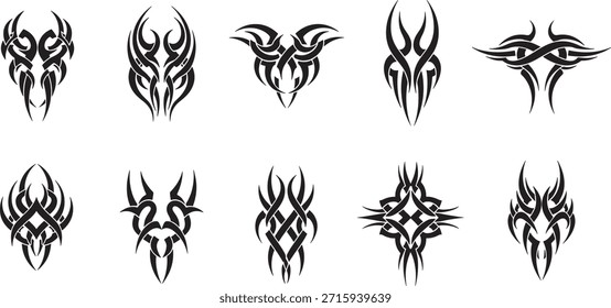 Detailed vertical tribal elements with flowing, flame-like patterns and sharp tips, perfect for shoulder or leg tattoos.