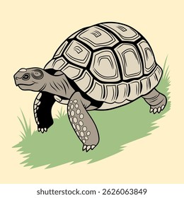 A detailed and vibrant illustration of a tortoise walking on grass, perfect for educational materials, nature-themed designs, and digital art projects.