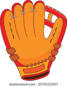 A detailed and vibrant vector illustration of a classic baseball glove, featuring warm orange tones and red accents.