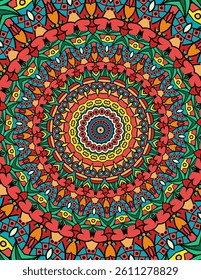 Detailed, vibrantly colored circular mandala
