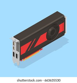 Detailed video card. Graphics adapter icon. GPU. Isometric vector illustration