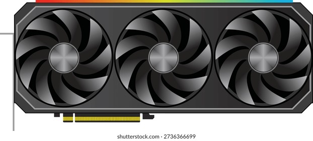 Detailed video graphics card illustration showing cooling fans, metal frame, and electronic elements, suitable for concepts related to computer performance, digital technology, and hardware innovation.