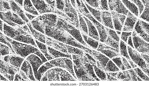 Una vista detallada de líneas y texturas entrelazadas abstractas, renderizadas en un estilo de semitono blanco y negro, creando un patrón visualmente complejo.