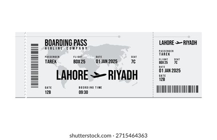 Vista detallada de una tarjeta de embarque para un vuelo de Lahore a Riad
