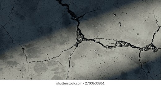 Vista detallada de una superficie de hormigón agrietada con textura y sombras visibles.