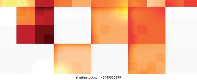 Una vista detallada de un patrón de cuadros rojo y naranja sobre un fondo blanco, con rectángulos con tonos de marrón, ámbar, melocotón y azul eléctrico que crea un diseño simétrico y colorido