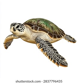 A detailed view of a sea turtle, showcasing its shell, flippers, and head, highlighting its natural beauty.