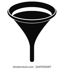 Detailed view of a solid black funnel. Its minimalist design makes it an ideal symbol for processing, filtration, and efficient channeling against the transparent background.