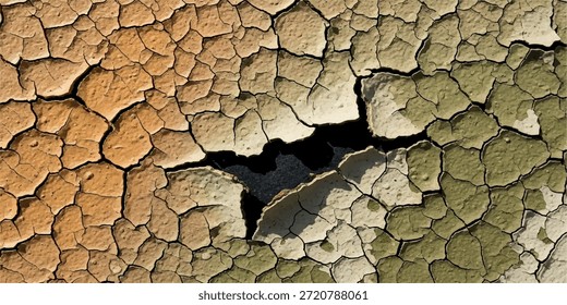 Vista detalhada de uma superfície com tinta antiga, seca e rachada, mostrando um padrão distinto de descasque e uma lacuna visível no centro.