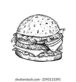 A detailed vintage black and white burger illustration, perfect for retro restaurant branding, menu design, or food packaging. Classic hand-drawn style with an old-school aesthetic