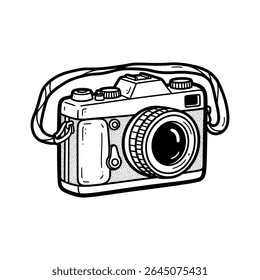 Detailed vintage camera with leather strap for travel and retro style – Vector Illustration