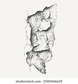 Detailed vintage illustration of cracked and peeling wall texture. A hand-drawn black-and-white engraving capturing decay, deterioration, and rustic charm, ideal for backgrounds, textures, artistic.