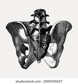 Detailed vintage illustration of a human pelvis. Anatomical drawing of pelvis bones. Classic medical art of pelvis structure. Pelvis anatomy in black and white. Vintage art illustration, vector.