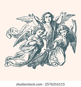 A detailed vintage illustration of three angels with flowing robes and wings, symbolizing divinity, grace, and spirituality. Perfect for religious and decorative designs.