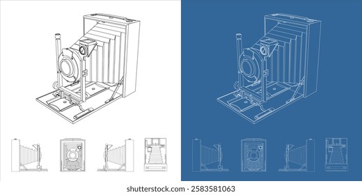 Detailed Vintage large format Camera Line Art Technical Drawing Illustration