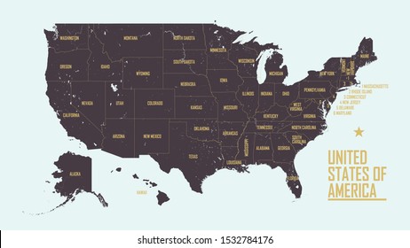 Detailed Vintage Map Of United States Of America With Names Of 50 States, Vector Illustration