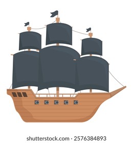 Detailed vintage pirate ship illustration in flat design style for children's book clipart and cartoon vector artwork with a theme of seafaring adventure and treasure hunt on the high seas