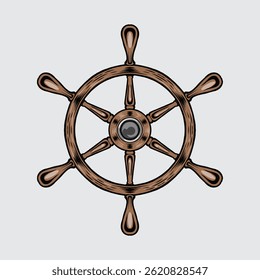 Detailed vintage ship wheel illustration with classic wooden texture, isolated on light background. Perfect for nautical, marine, sailing, and adventure designs.