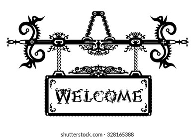 Detailed vintage signboard and font "Welcome" in a gothic Halloween style. Vector illustration