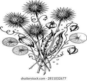 A detailed vintage style drawing featuring a delightful mix of natural plants and fresh produce